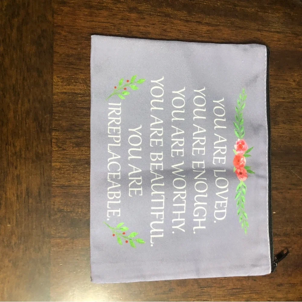pouch you are loved You are enough You are worthy purple 8-1/2”LX 6-1/2” W